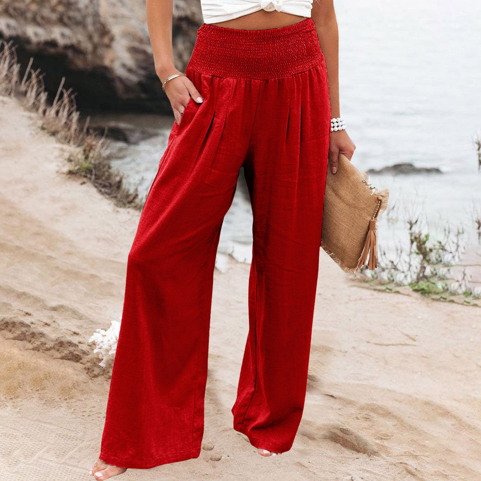 thumbnail image 2 of Pantalones anchos de lino de cintura alta para mujer: pantalones palazzo con cintura elástica y bolsillos para la playa/informal (S-XXL), 2 of 5